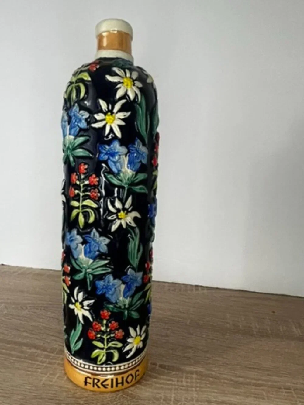 Freihof Hand‑Decorated Ceramic Floral Bottle – Vintage Austrian Decanter